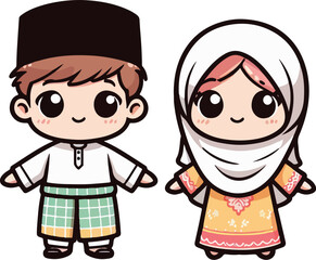 Cute muslim boy and girl. Happy Ramadan, Happy Fasting Day. Selamat Hari Raya Aidilfitri greeting card cartoon character.