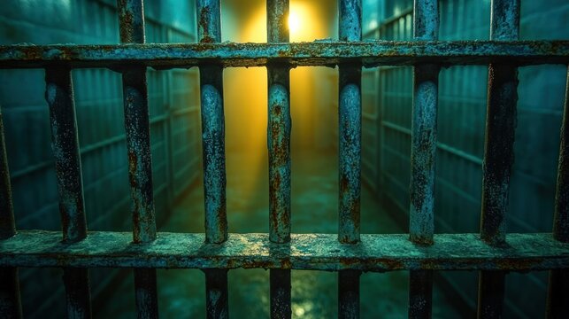 Rusty prison bars, dimly lit corridor.