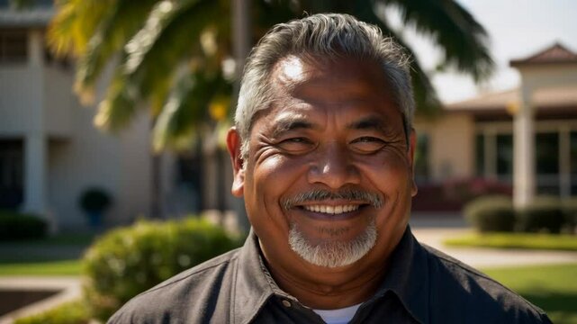Pacific Islander Man in Black Polo Shirt Smiling, Educational Portrait Video Outside Campus Building with Palm Trees