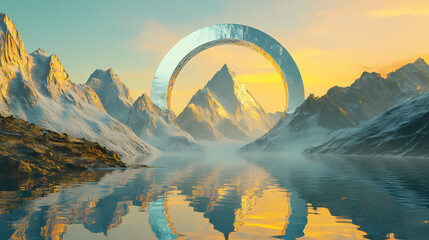 A golden mountain range with a shimmering silver peak framed within a celestial portal, reflecting a dream-like landscape in a serene pool of water. Silver Peak. Illustration