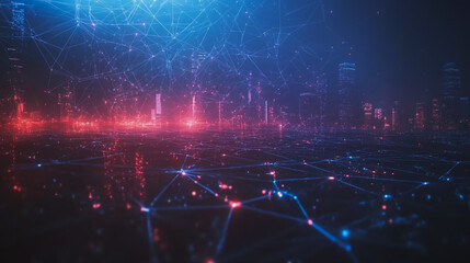Obraz premium Smart digital Innovation city with connection network reciprocity over the cityscape. of future smart wireless digital city and social media networking systems that connects people with in city