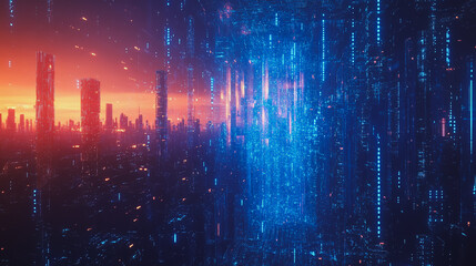 Obraz premium Smart digital Innovation city with connection network reciprocity over the cityscape. of future smart wireless digital city and social media networking systems that connects people with in city