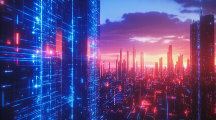Obraz premium Smart digital Innovation city with connection network reciprocity over the cityscape. of future smart wireless digital city and social media networking systems that connects people with in city
