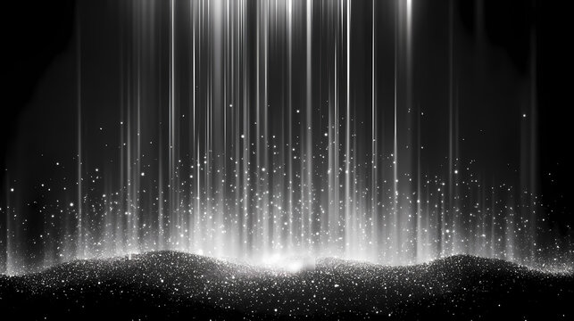 Abstract background with a silver glitter on the bottom and silver light rays streaming down from the top, on a black background. Silver Peak. Illustration