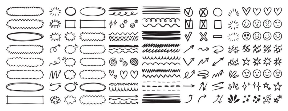 doodle underline emphasis scribble elements line hand drawn set. doodle brush shapes stroke highlight sparkle and arrow elements. childish drawing kids style.