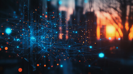 Fototapeta premium Smart digital Innovation city with connection network reciprocity over the cityscape. of future smart wireless digital city and social media networking systems that connects people with in city