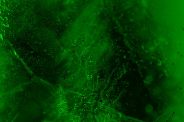 Green microscopic fluorescent image. Abstract macro water background with ice. 