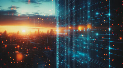 Fototapeta premium Smart digital Innovation city with connection network reciprocity over the cityscape. of future smart wireless digital city and social media networking systems that connects people with in city