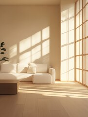 Trendy minimalistic japandi modern interior in beige tones. Home fashion 2023. Spacious living room. Photorealistic illustration generated by AI.