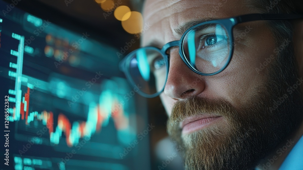Poster focused crypto trader analyst wearing eyeglasses working looking at computer screen reflecting in gl