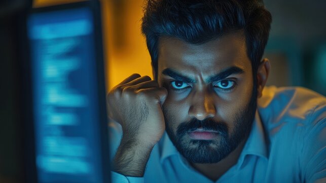 Thoughtful concentrated indian business man entrepreneur investor manager using computer, watching webinar working in office analyzing online data market thinking doing web research looking at laptop