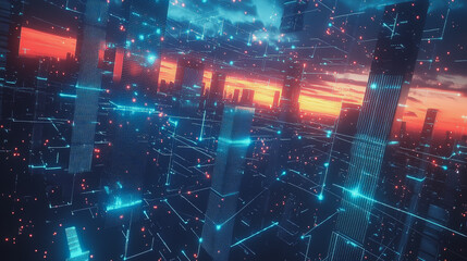 Fototapeta premium Smart digital Innovation city with connection network reciprocity over the cityscape. of future smart wireless digital city and social media networking systems that connects people with in city