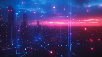 Obraz premium Smart digital Innovation city with connection network reciprocity over the cityscape. of future smart wireless digital city and social media networking systems that connects people with in city