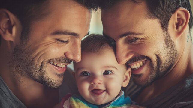 Mothers gay couple having fun with their baby son at home - Family, lgbt and love concept - Main focus on right mother eye