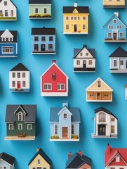 Miniature houses on a blue background, top view. Real estate and housing concept