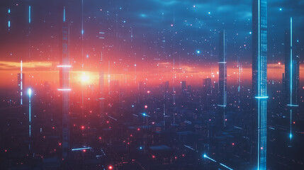 Obraz premium Smart digital Innovation city with connection network reciprocity over the cityscape. of future smart wireless digital city and social media networking systems that connects people with in city