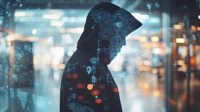 Hacker in hoodie using abstract digital padlock and map hologram on blurry office interior background. Hacking, security and global protection concept. Double exposure
