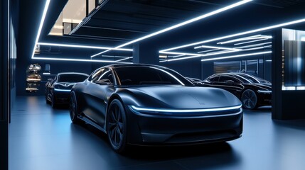 Sleek Modern Electric Cars in a Futuristic Showroom with Neon Lights and Advanced Technology Showcasing Innovation in Automotive Design