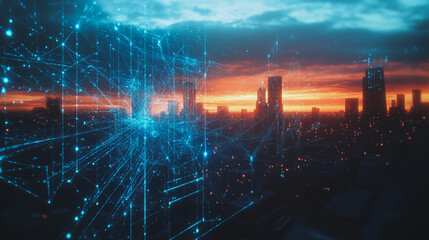 Smart digital Innovation city with connection network reciprocity over the cityscape. of future smart wireless digital city and social media networking systems that connects people with in city