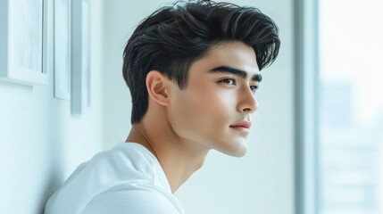 Side view on all-white interior design in sunny modern living room with comfortable sofa, carpet and coffee table on glossy floor, empty frame pictures on the wall and big window. 3D rendering