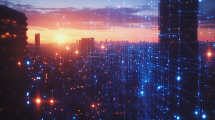 Fototapeta premium Smart digital Innovation city with connection network reciprocity over the cityscape. of future smart wireless digital city and social media networking systems that connects people with in city