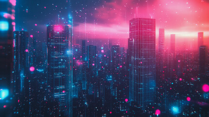 Obraz premium Smart digital Innovation city with connection network reciprocity over the cityscape. of future smart wireless digital city and social media networking systems that connects people with in city