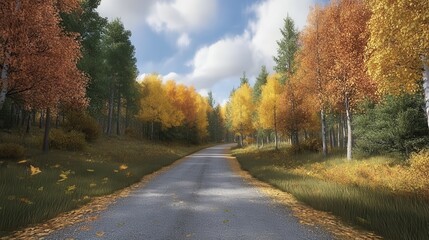 Obraz premium Autumn forest road with colorful trees under a cloudy sky