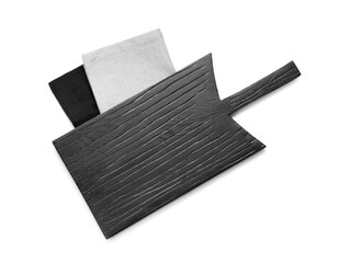 Wooden cutting board with napkins on white background