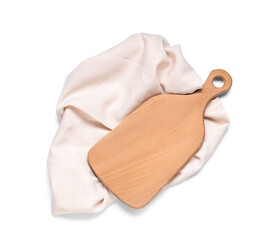 Wooden cutting board and beige napkin on white background