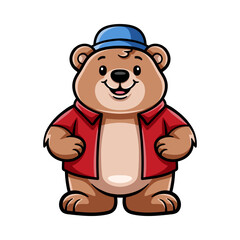 fun cute bear with clothes and hat in vacation cartoon colored character isolated drawing line art style sketch classic vintage design illustration