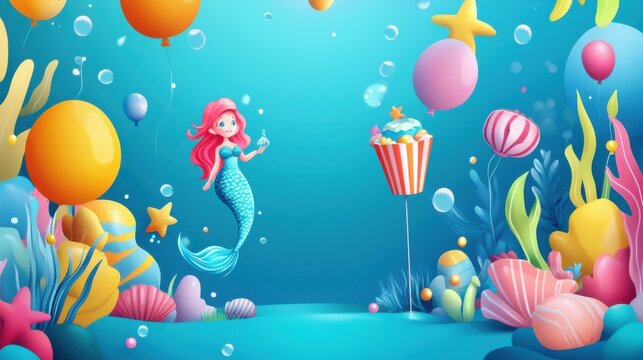 Mermaid birthday party for baby poster template. Cartoon cute girls invite, sea fish and underwater tale world elements. Little princess nowaday vector background