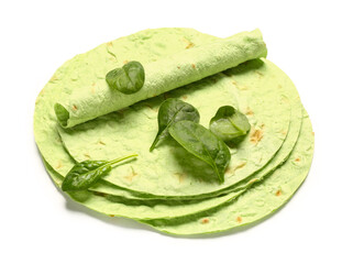 Round green lavash with spinach on white background