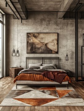Modern industrial-style bedroom interior with concrete walls and a metal bed frame. The space is accented by warm wood tones and a geometric rug generative ai