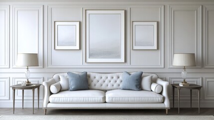 Elegant white living room with sofa, framed art, and lamps in a classic interior