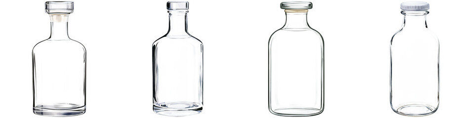 Wash workplace and reflective, A series of glass bottles in various shapes and sizes, showcasing their sleek design and clarity.