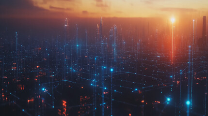 Obraz premium Smart digital Innovation city with connection network reciprocity over the cityscape. of future smart wireless digital city and social media networking systems that connects people with in city