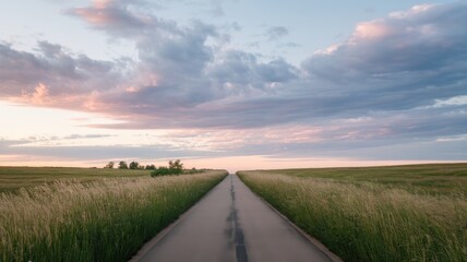 Fototapeta premium A serene landscape featuring a long, winding road bordered by lush green grass under a pastel sky at dusk.