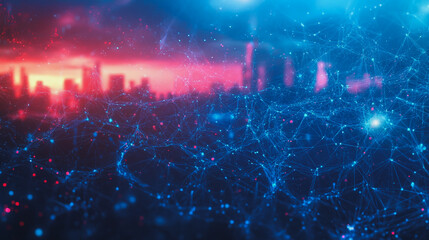 Obraz premium Smart digital Innovation city with connection network reciprocity over the cityscape. of future smart wireless digital city and social media networking systems that connects people with in city