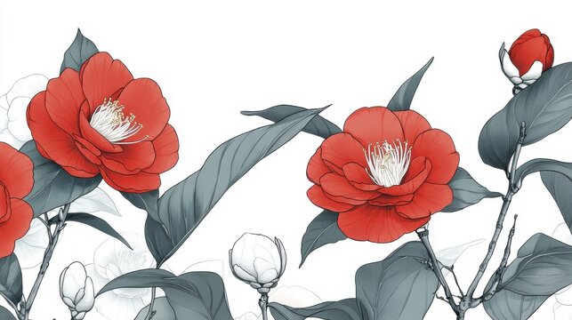 Elegant red florals with detailed petals and green leaves on white background