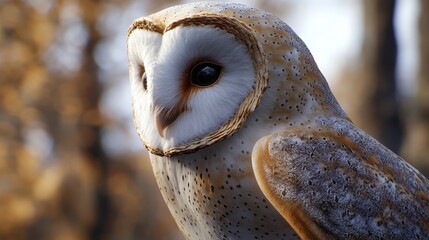 Barn owl perched on branch in autumn forest