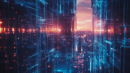 Naklejka premium Smart digital Innovation city with connection network reciprocity over the cityscape. of future smart wireless digital city and social media networking systems that connects people with in city