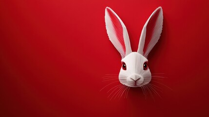 Obraz premium Easter greeting card featuring white paper cut bunny on vibrant red background