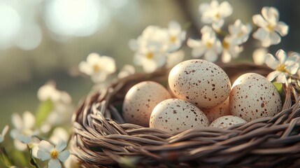 Obraz premium Beautiful easter eggs in a basket surrounded by spring blossoms close up