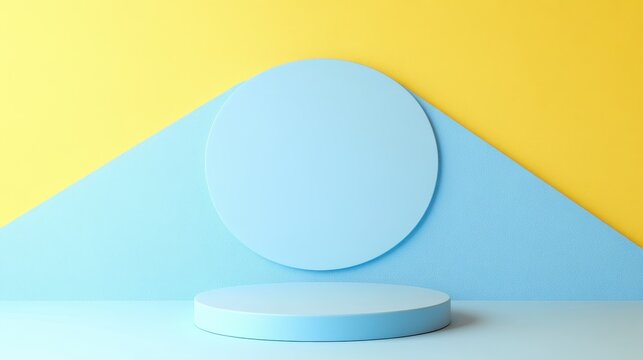 Modern minimalist blue pedestal against yellow and blue geometric background