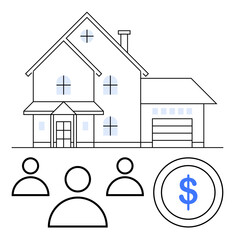 Modern home with garage, three person icons, and a blue dollar sign coin. Ideal for real estate, investment, property ownership, housing market, family finances, economy and abstract line flat