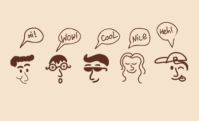 set of hand drawn people with positive thoughts, simple design. Vector