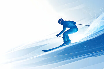 Fototapeta premium Skiing downhill in a vibrant blue landscape during daylight showcasing the thrill and grace of winter sports