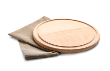 Wooden cutting board and brown napkin on white background
