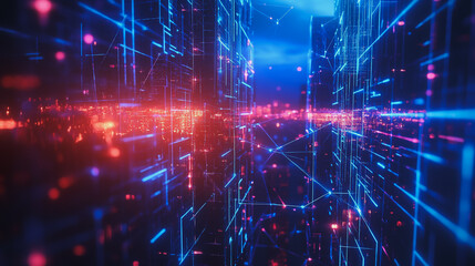 Obraz premium Smart digital Innovation city with connection network reciprocity over the cityscape. of future smart wireless digital city and social media networking systems that connects people with in city