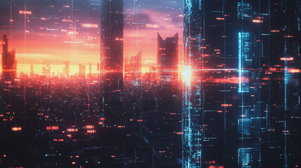 Obraz premium Smart digital Innovation city with connection network reciprocity over the cityscape. of future smart wireless digital city and social media networking systems that connects people with in city